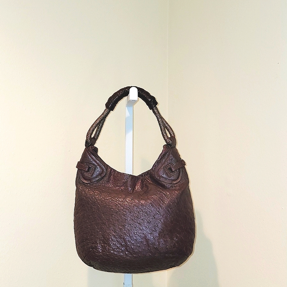 NUTI BURGUNDY SEVILLANA OSTRICH LEATHER SINGLE HANDLE HOBO BAG